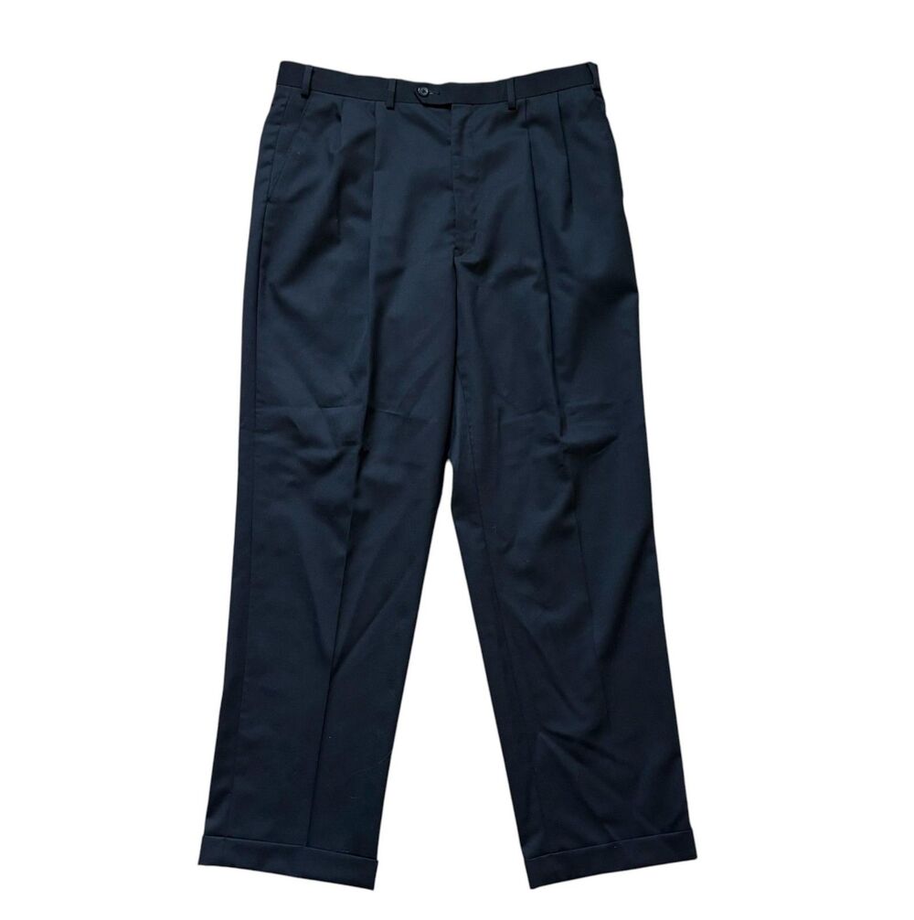 Chaps Dress Pants Mens 36x32 Black 100% Wool Pleated Cuffed Lined Flannel